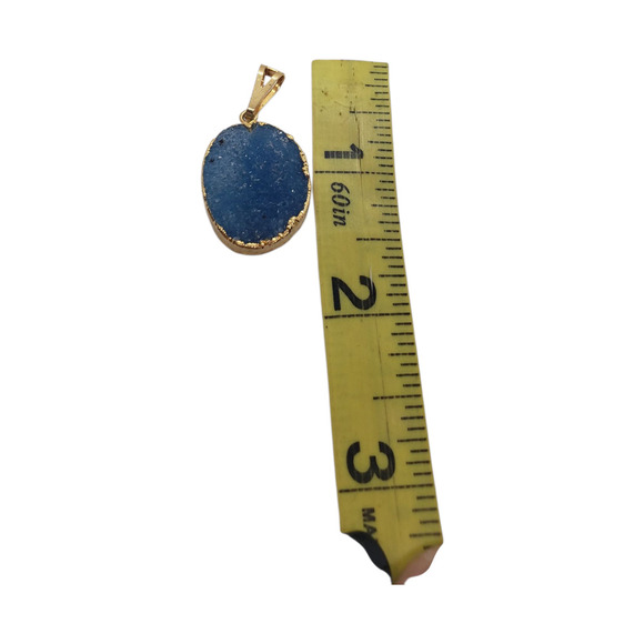 Blue Agate Druzy Slice Pendant Dipped in Real Gold Oval Natural Gemstone - Picture 8 of 9